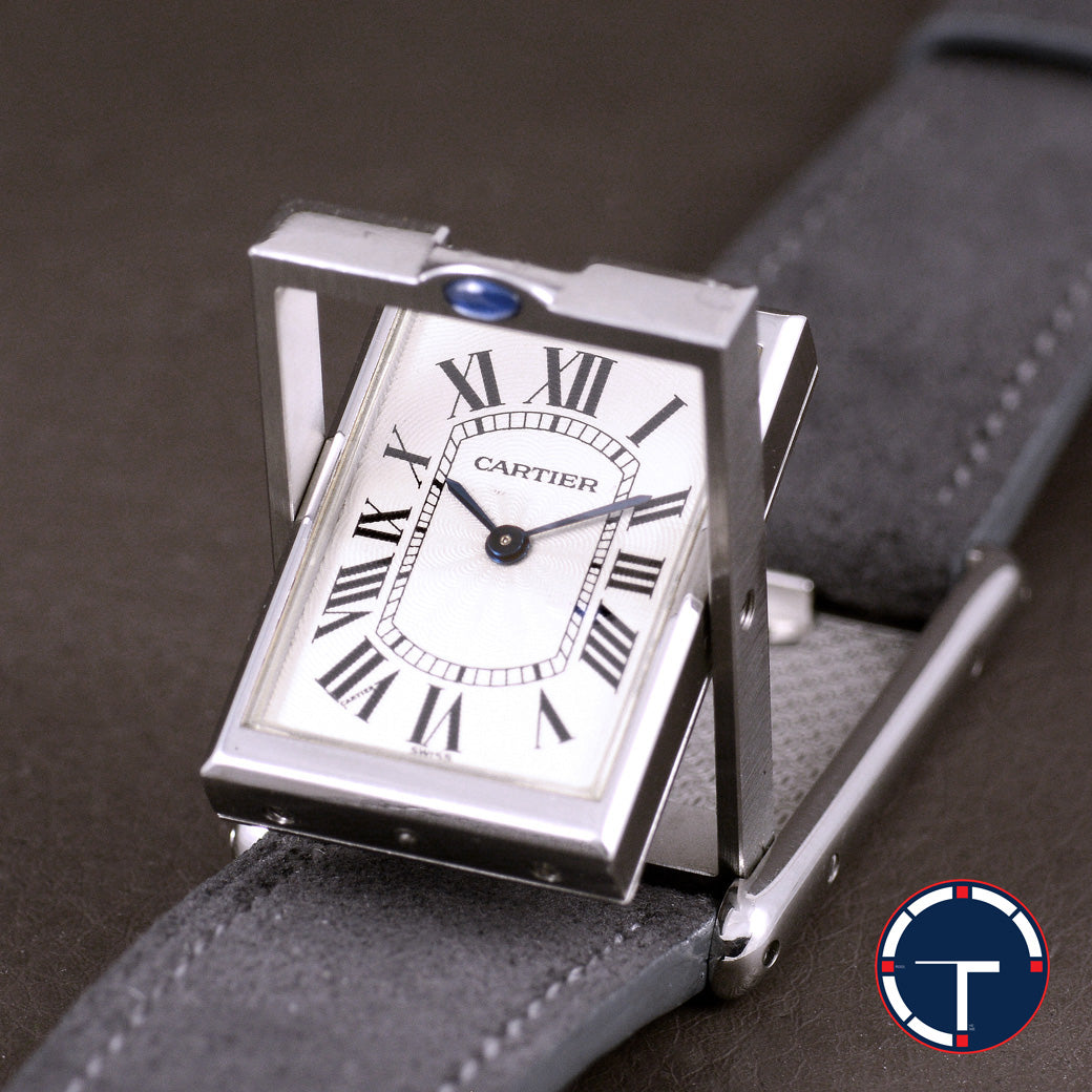 นาฬิกา Cartier Tank Basculante(บาส-คู-แลน-เต้) Ref.2390 หน้าปัดสีขาวลายGuilloché(กิโยเช่) หลักชั่วโมงเลขโรมัน หัวเข็มขัดแท้ ไขลาน ขนาด 38x25 mm