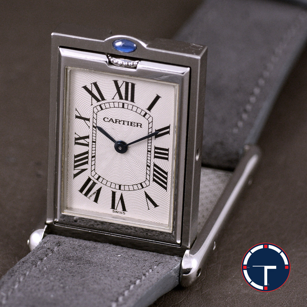 นาฬิกา Cartier Tank Basculante(บาส-คู-แลน-เต้) Ref.2390 หน้าปัดสีขาวลายGuilloché(กิโยเช่) หลักชั่วโมงเลขโรมัน หัวเข็มขัดแท้ ไขลาน ขนาด 38x25 mm
