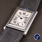 นาฬิกา Cartier Tank Basculante(บาส-คู-แลน-เต้) Ref.2390 หน้าปัดสีขาวลายGuilloché(กิโยเช่) หลักชั่วโมงเลขโรมัน หัวเข็มขัดแท้ ไขลาน ขนาด 38x25 mm