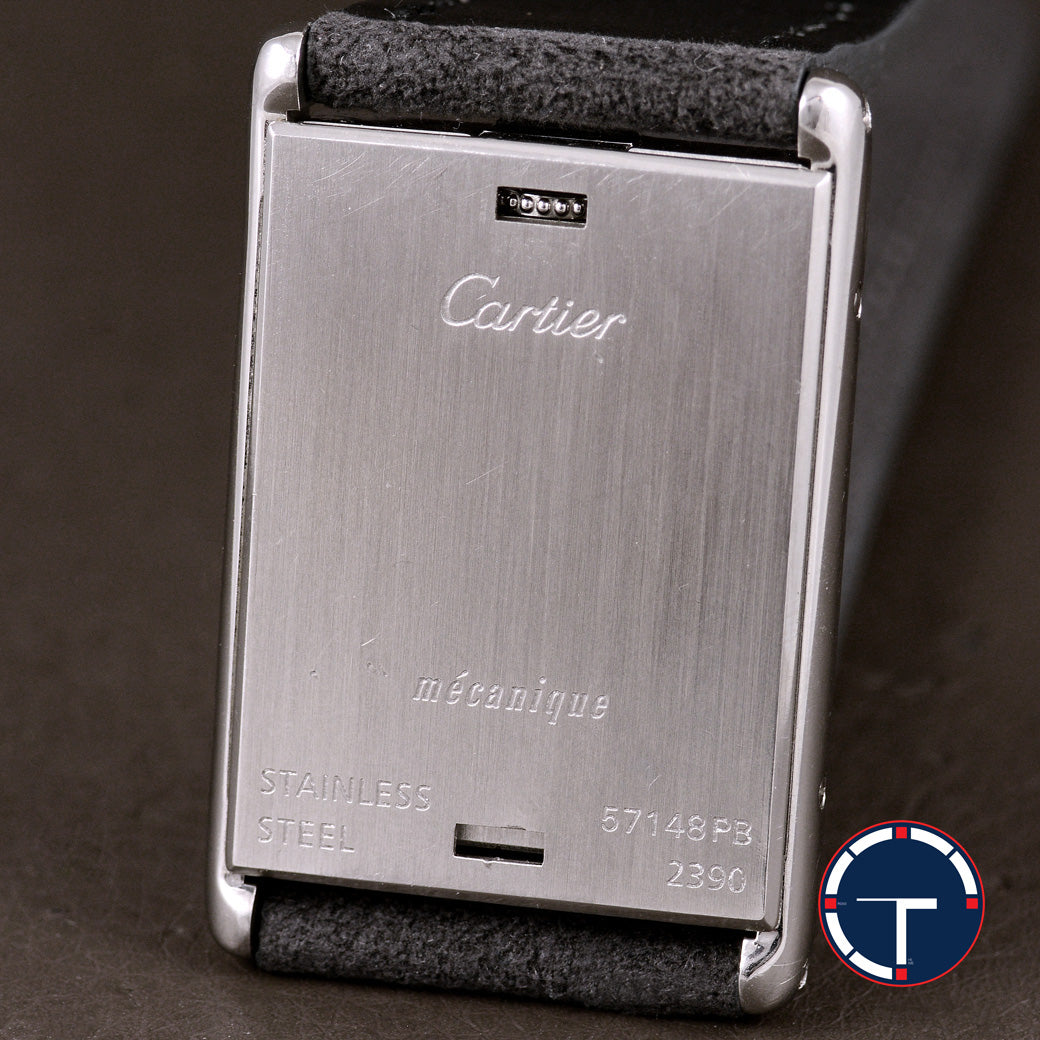 นาฬิกา Cartier Tank Basculante(บาส-คู-แลน-เต้) Ref.2390 หน้าปัดสีขาวลายGuilloché(กิโยเช่) หลักชั่วโมงเลขโรมัน หัวเข็มขัดแท้ ไขลาน ขนาด 38x25 mm