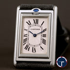 นาฬิกา Cartier Tank Basculante(บาส-คู-แลน-เต้) Ref.2390 หน้าปัดสีขาวลายGuilloché(กิโยเช่) หลักชั่วโมงเลขโรมัน หัวเข็มขัดแท้ ไขลาน ขนาด 38x25 mm