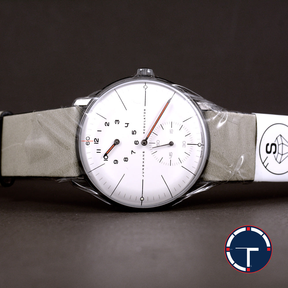 นาฬิกา Junghans (นาฬิกายังไม่เคยถูกใช้งาน) Max Bill Regulator Edition 60 (Limited Edition 1060pcs) หน้าปัดสีขาว สายหนังแท้ หัวเข็มขัดแท้ กล่องใบครบ Automatic ขนาด 38 mm
