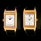 นาฬิกา Jaeger-Lecoultre "Unpolished" Reverso Duoface Ref.266.244 หน้าที่1หน้าปัดมุกวงตรงกลางกิโยเช่(Guilloché) และหน้าที่2หน้าปัดมุก ขอบประดับเพชร ตัวเรือนทองคำ18K"ไม่เคยขัด" สายหนังแท้ หัวเข็มขัดแท้ ไขลาน ขนาด 21x33 mm
