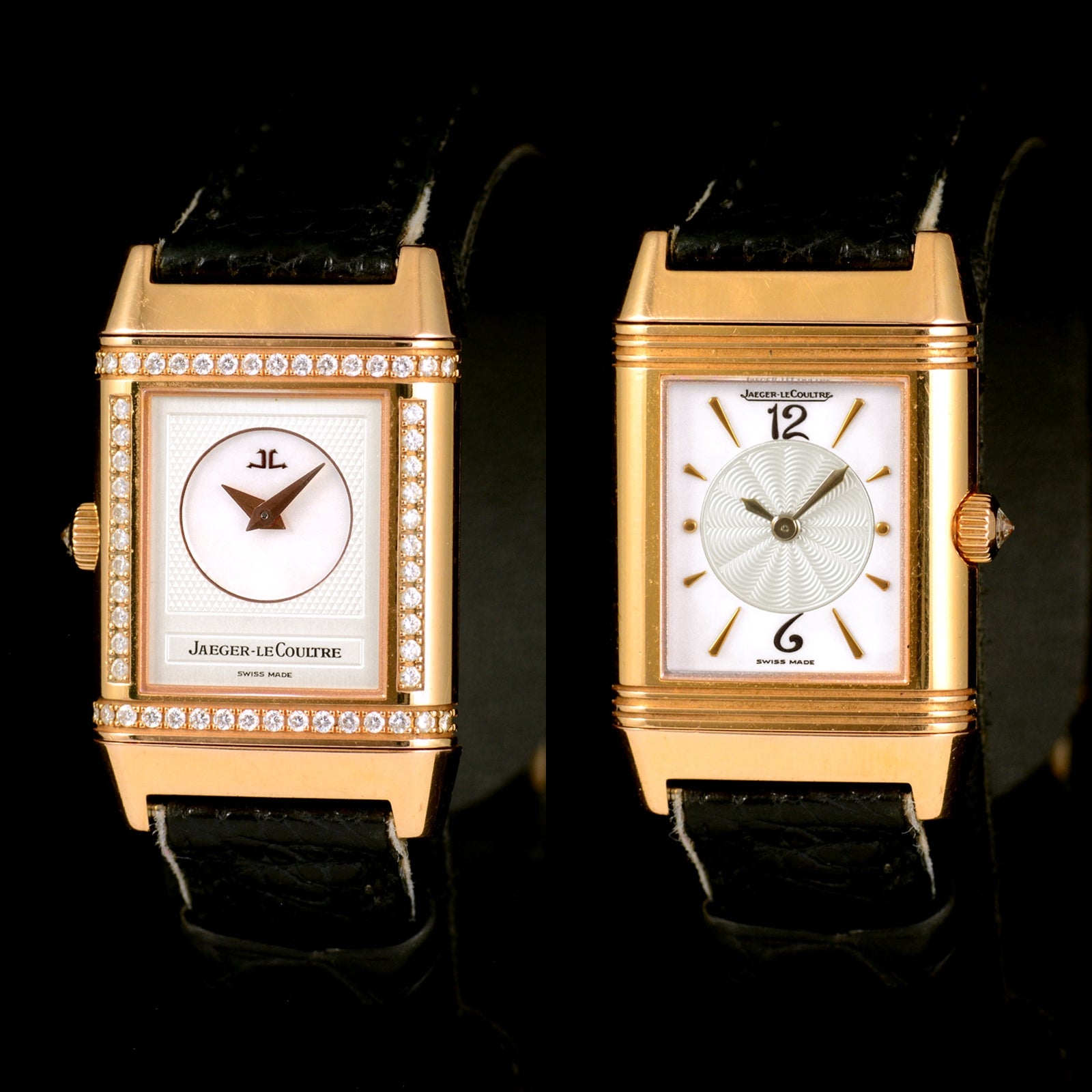 นาฬิกา Jaeger-Lecoultre "Unpolished" Reverso Duoface Ref.266.244 หน้าที่1หน้าปัดมุกวงตรงกลางกิโยเช่(Guilloché) และหน้าที่2หน้าปัดมุก ขอบประดับเพชร ตัวเรือนทองคำ18K"ไม่เคยขัด" สายหนังแท้ หัวเข็มขัดแท้ ไขลาน ขนาด 21x33 mm