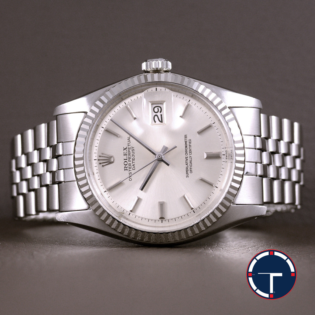 นาฬิกา Rolex DateJust Ref.1601 หน้าปัดสีเงิน2ชั้น ขอบหยักทองคำขาว18K สายจูบิรี่แท้(แบบม้วน) นาฬิกาปี1970 Automatic ขนาด 36 mm