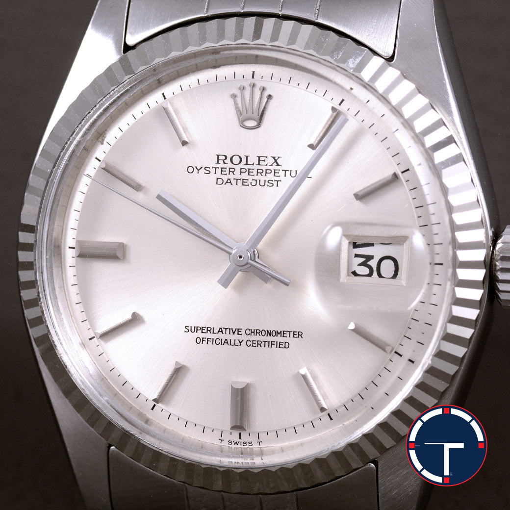 นาฬิกา Rolex DateJust Ref.1601 หน้าปัดสีเงิน2ชั้น ขอบหยักทองคำขาว18K สายจูบิรี่แท้(แบบม้วน) นาฬิกาปี1970 Automatic ขนาด 36 mm