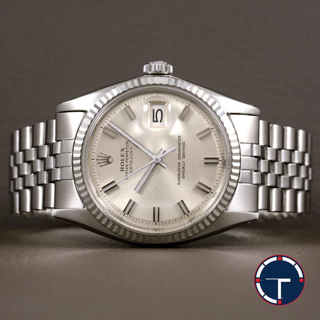 นาฬิกา Rolex DateJust Ref.1601 หน้าขาว2ชั้นWide-Boy ขอบทองคำขาว18K สายจูบีลี่แท้(แบบม้วน) นาฬิกาปี1971 Automatic ขนาด 36 mm