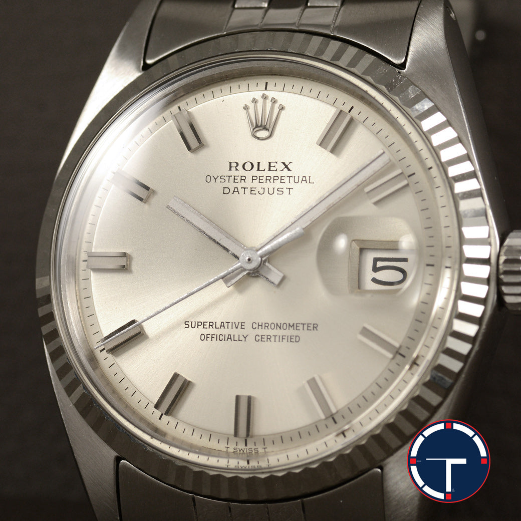 นาฬิกา Rolex DateJust Ref.1601 หน้าขาว2ชั้นWide-Boy ขอบทองคำขาว18K สายจูบีลี่แท้(แบบม้วน) นาฬิกาปี1971 Automatic ขนาด 36 mm