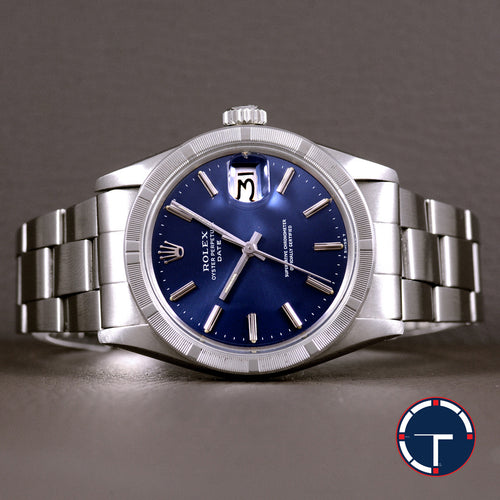 นาฬิกา **HOLD** Rolex Date Ref.1501 หน้าปัดสีน้ำเงิน ขอบรางรถไฟ สายOysterแท้(แบบม้วน) นาฬิกาปี1974 Automatic ขนาด 34 mm