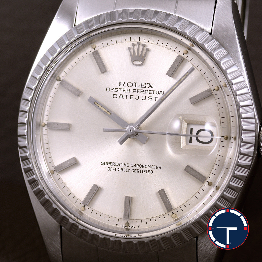 นาฬิกา Rolex Datejust Ref.1603 หน้าปัดสีเงิน ขอบEngine Turned สายOysterแท้(แบบม้วน) นาฬิกาปี1970 Automatic ขนาด 36 mm
