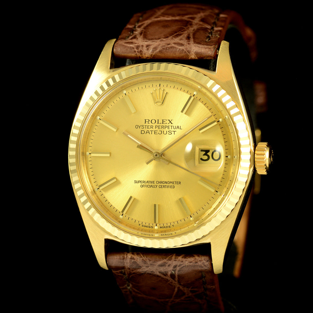 นาฬิกา Rolex Datejust Ref.1601 ทองคำ14K หน้าปัดสีทอง ขอบหยักทองคำ ตัวเรือนทองคำ14K นาฬิกาปี1971 Automatic ขนาด 36 mm