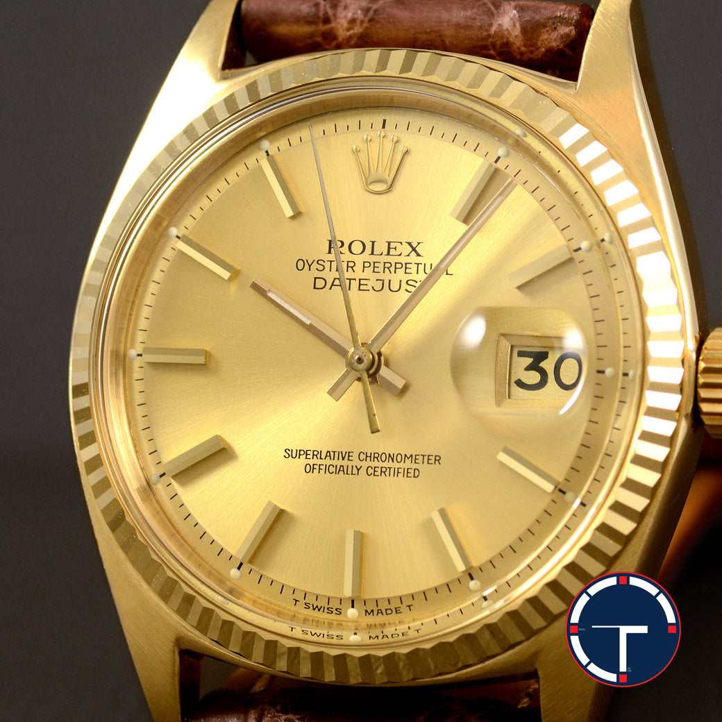 นาฬิกา Rolex Datejust Ref.1601 ทองคำ14K หน้าปัดสีทอง ขอบหยักทองคำ ตัวเรือนทองคำ14K นาฬิกาปี1971 Automatic ขนาด 36 mm