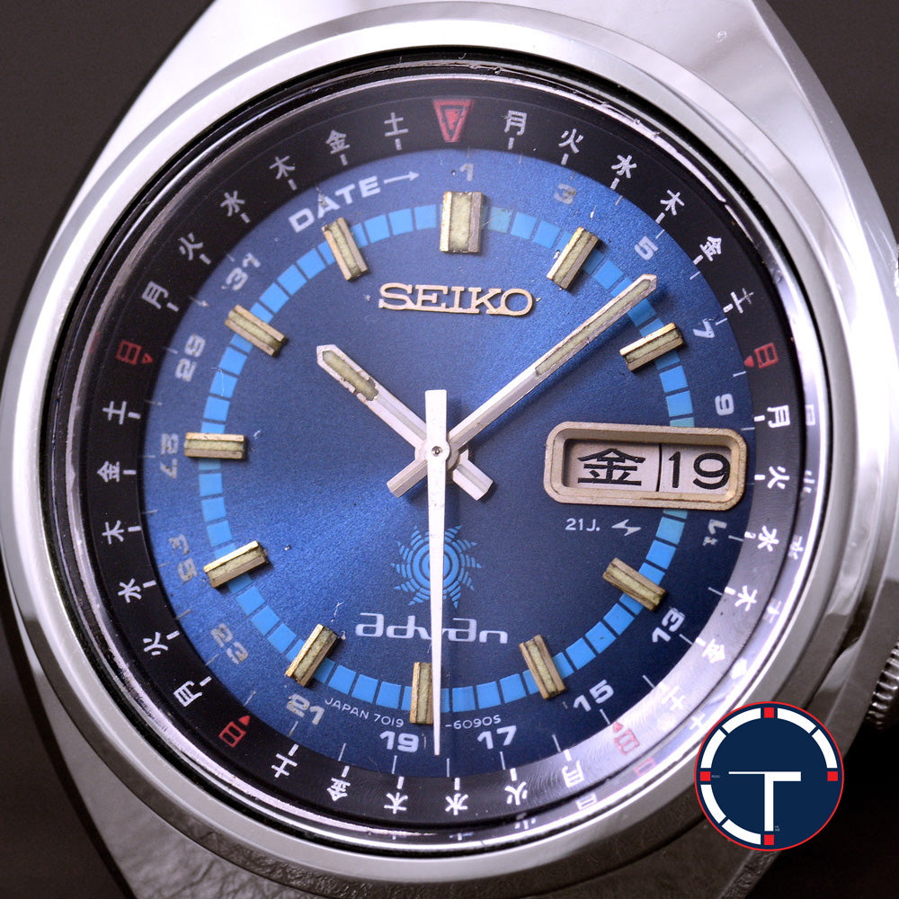 นาฬิกา Seiko Advan Perpetual Calendar JDM 7019-6050 หน้าปัดสีน้ำเงิน ขอบภาษาญี่ปุ่น (มีขายเฉพาะที่ญี่ปุ่น) Automatic ขนาด 35 mm