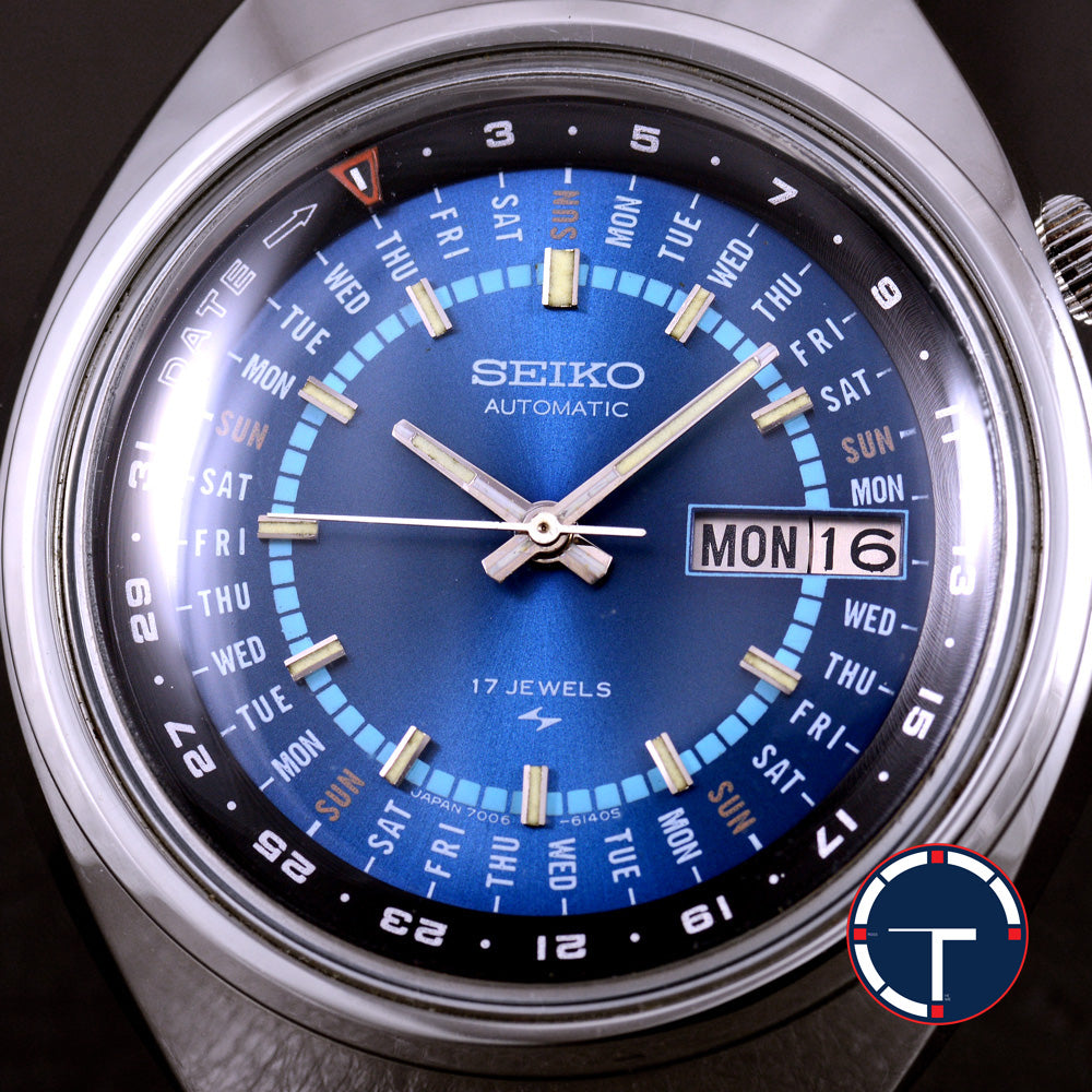 นาฬิกา Seiko Perpetual Calendar 7006-6039 หน้าปัดสีน้ำเงิน ขอบภาษาอังกฤษ สายเหล็กแท้ ปี1973 Automatic ขนาด 35 mm