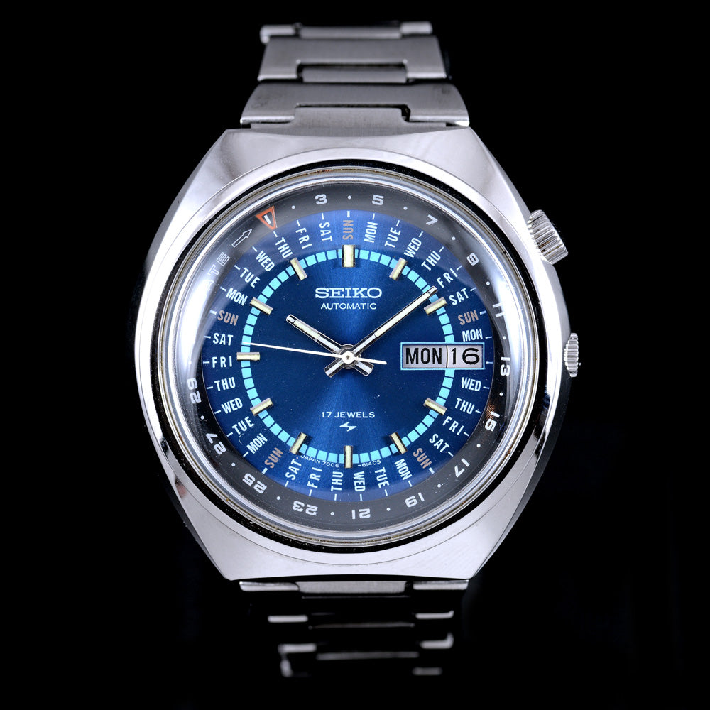 นาฬิกา Seiko Perpetual Calendar 7006-6039 หน้าปัดสีน้ำเงิน ขอบภาษาอังกฤษ สายเหล็กแท้ ปี1973 Automatic ขนาด 35 mm